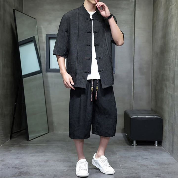 Buddha Stones 2Pcs Summer Tang Style Frog Button Solid Elbow-Length Sleeve Shirt Cropped Pants Men's Meditation Cloth With Pockets - image 23