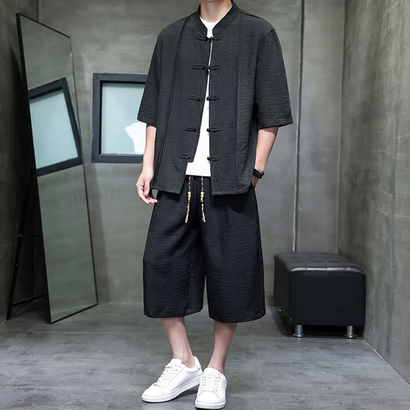 Buddha Stones 2Pcs Summer Tang Style Frog Button Solid Elbow-Length Sleeve Shirt Cropped Pants Men's Meditation Cloth With Pockets - image 27