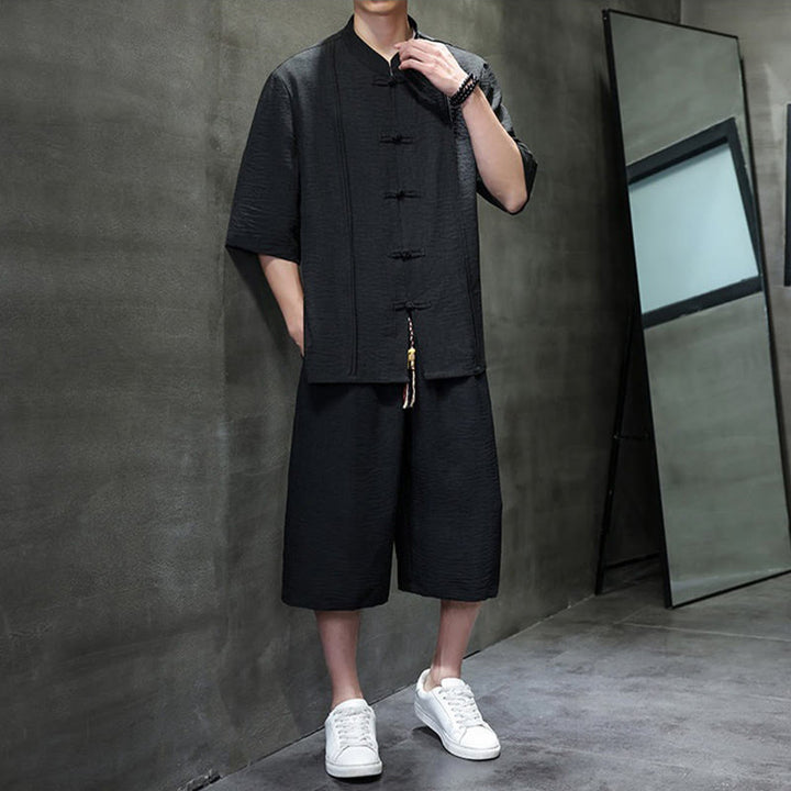Buddha Stones 2Pcs Summer Tang Style Frog Button Solid Elbow-Length Sleeve Shirt Cropped Pants Men's Meditation Cloth With Pockets - image 26