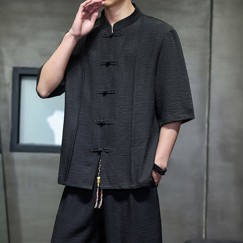 Buddha Stones 2Pcs Summer Tang Style Frog Button Solid Elbow-Length Sleeve Shirt Cropped Pants Men's Meditation Cloth With Pockets - image 29
