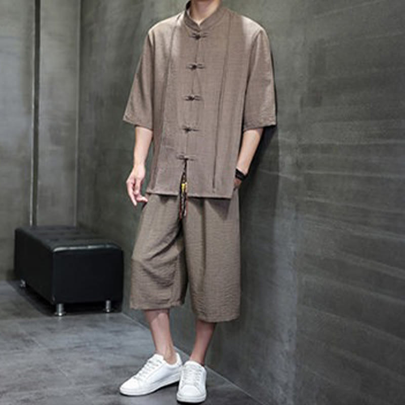 Buddha Stones 2Pcs Summer Tang Style Frog Button Solid Elbow-Length Sleeve Shirt Cropped Pants Men's Meditation Cloth With Pockets - image 33