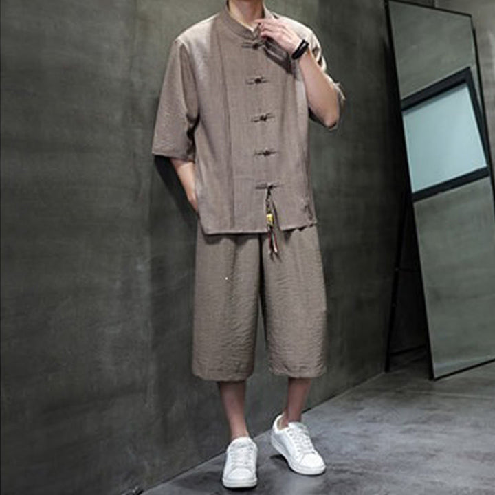 Buddha Stones 2Pcs Summer Tang Style Frog Button Solid Elbow-Length Sleeve Shirt Cropped Pants Men's Meditation Cloth With Pockets - image 32
