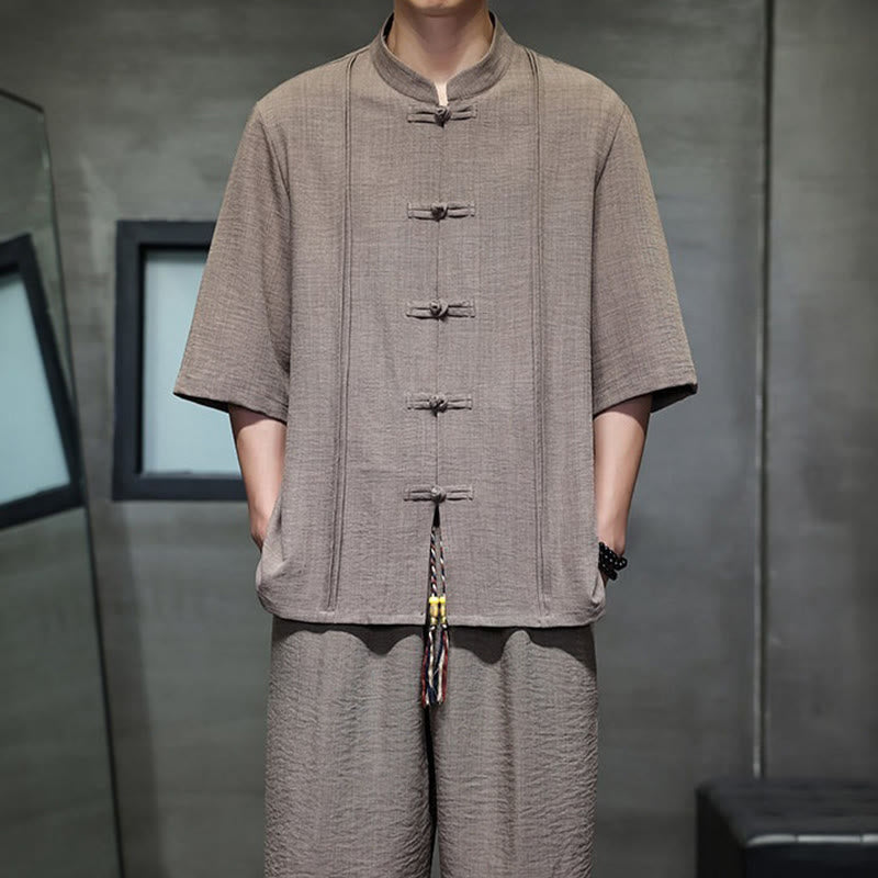Buddha Stones 2Pcs Summer Tang Style Frog Button Solid Elbow-Length Sleeve Shirt Cropped Pants Men's Meditation Cloth With Pockets - image 38