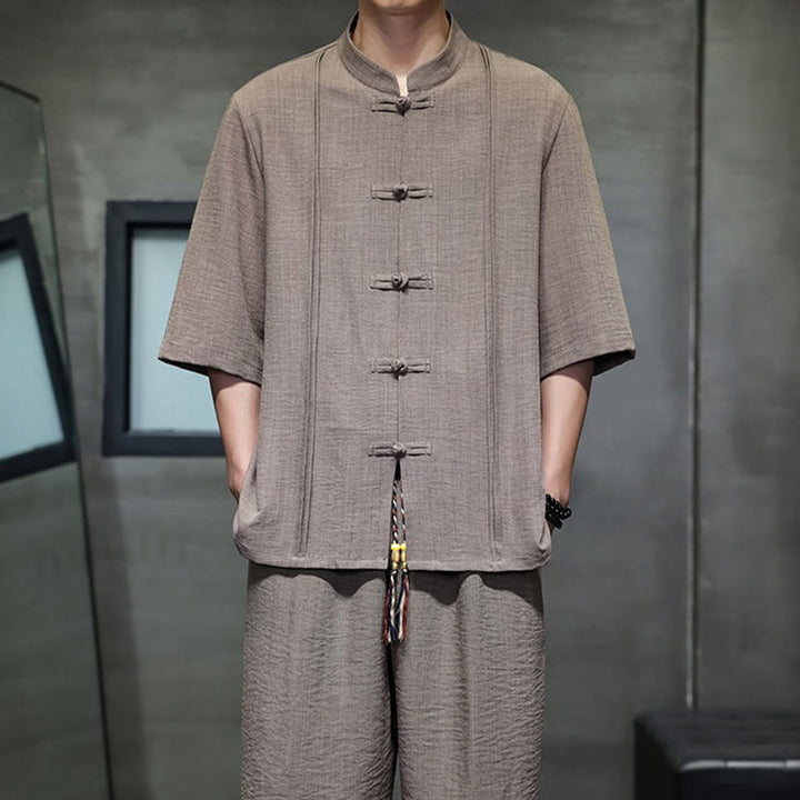 Buddha Stones 2Pcs Summer Tang Style Frog Button Solid Elbow-Length Sleeve Shirt Cropped Pants Men's Meditation Cloth With Pockets - image 38