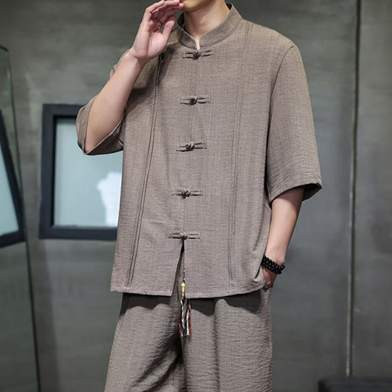 Buddha Stones 2Pcs Summer Tang Style Frog Button Solid Elbow-Length Sleeve Shirt Cropped Pants Men's Meditation Cloth With Pockets - image 40