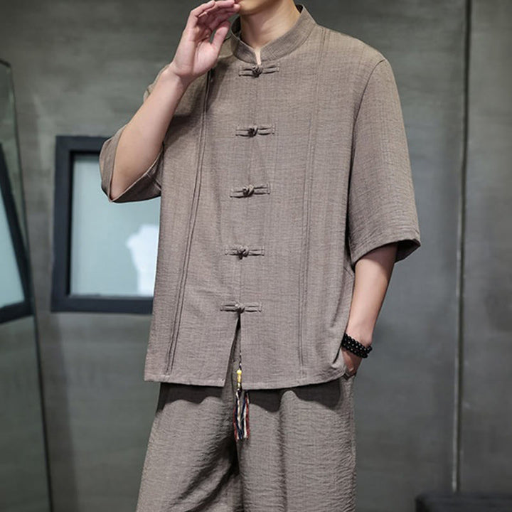 Buddha Stones 2Pcs Summer Tang Style Frog Button Solid Elbow-Length Sleeve Shirt Cropped Pants Men's Meditation Cloth With Pockets - image 40