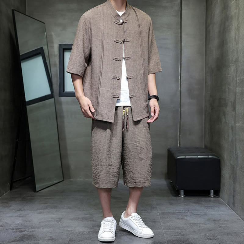 Buddha Stones 2Pcs Summer Tang Style Frog Button Solid Elbow-Length Sleeve Shirt Cropped Pants Men's Meditation Cloth With Pockets - image 35