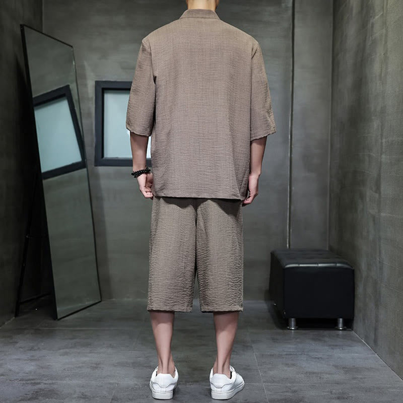 Buddha Stones 2Pcs Summer Tang Style Frog Button Solid Elbow-Length Sleeve Shirt Cropped Pants Men's Meditation Cloth With Pockets - image 34