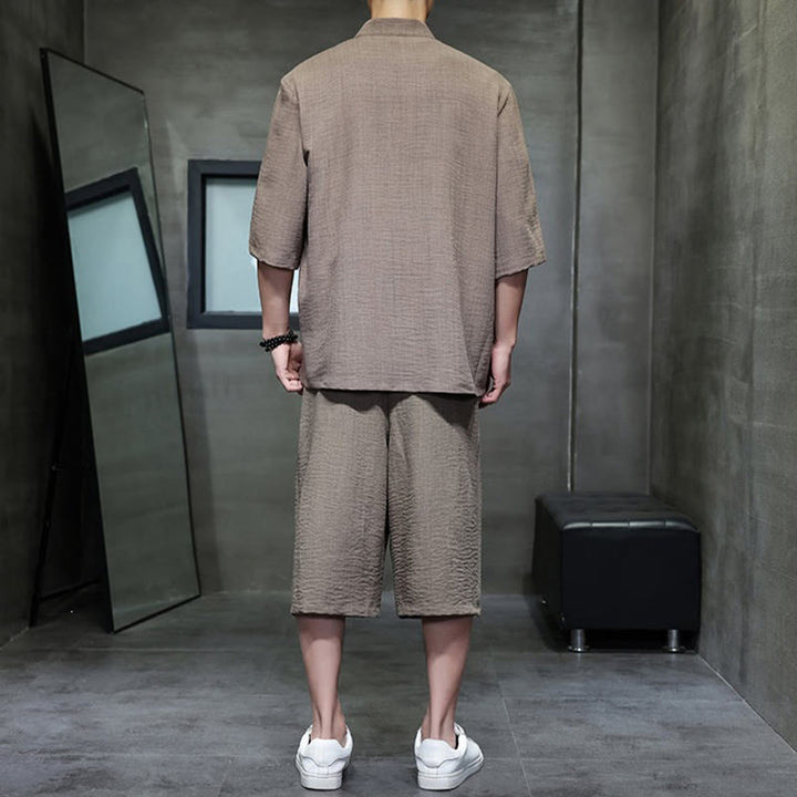 Buddha Stones 2Pcs Summer Tang Style Frog Button Solid Elbow-Length Sleeve Shirt Cropped Pants Men's Meditation Cloth With Pockets - image 34