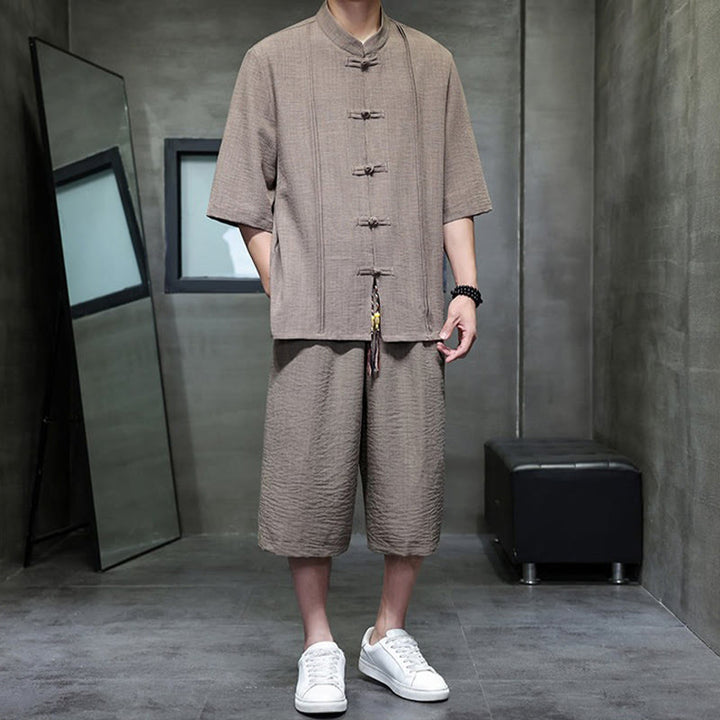 Buddha Stones 2Pcs Summer Tang Style Frog Button Solid Elbow-Length Sleeve Shirt Cropped Pants Men's Meditation Cloth With Pockets - image 36