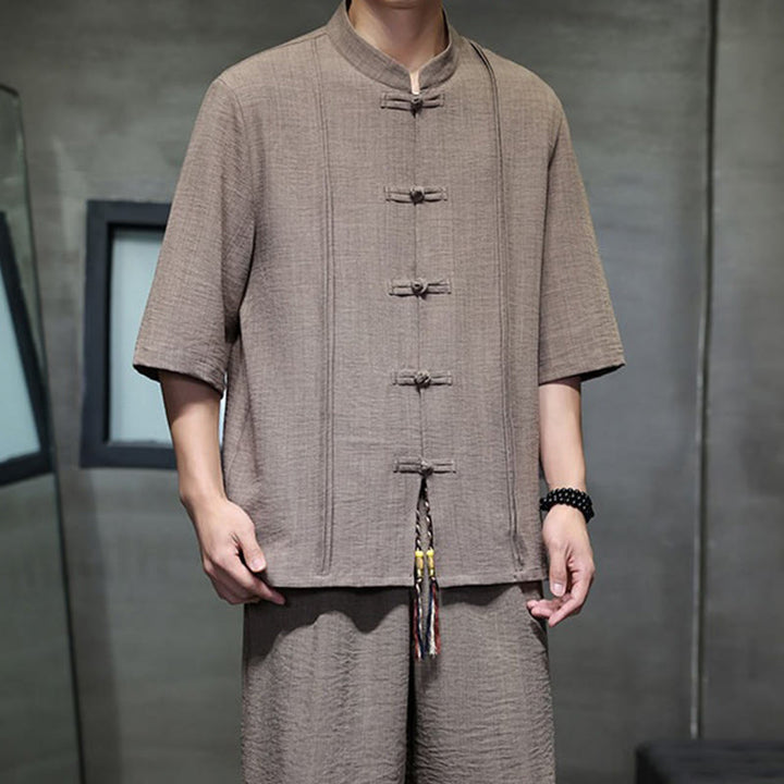Buddha Stones 2Pcs Summer Tang Style Frog Button Solid Elbow-Length Sleeve Shirt Cropped Pants Men's Meditation Cloth With Pockets - image 39