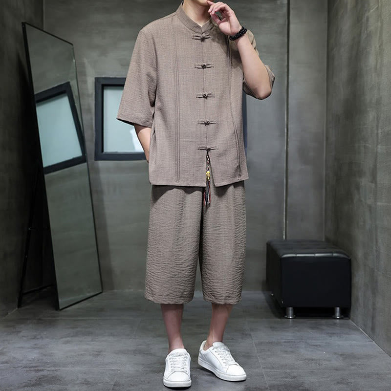 Buddha Stones 2Pcs Summer Tang Style Frog Button Solid Elbow-Length Sleeve Shirt Cropped Pants Men's Meditation Cloth With Pockets - image 37