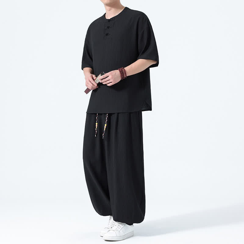 Buddha Stones 2Pcs Summer Tang Style Frog Button Solid Short Sleeve Shirt Harem Pants Men's Meditation Cloth With Pockets - Black - US/UK/AU46，EU56 (5XL) - image 6