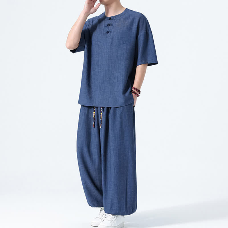 Buddha Stones 2Pcs Summer Tang Style Frog Button Solid Short Sleeve Shirt Harem Pants Men's Meditation Cloth With Pockets - image 15