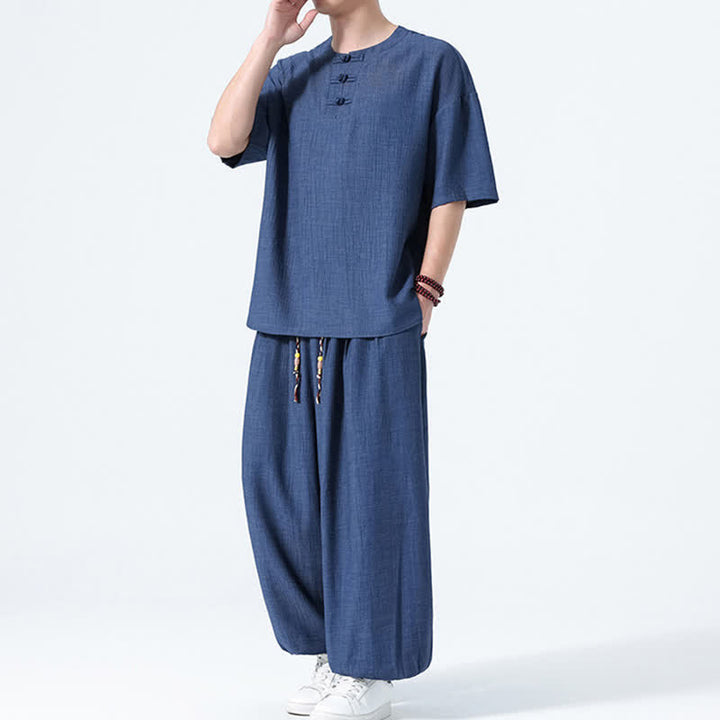 Buddha Stones 2Pcs Summer Tang Style Frog Button Solid Short Sleeve Shirt Harem Pants Men's Meditation Cloth With Pockets - image 15