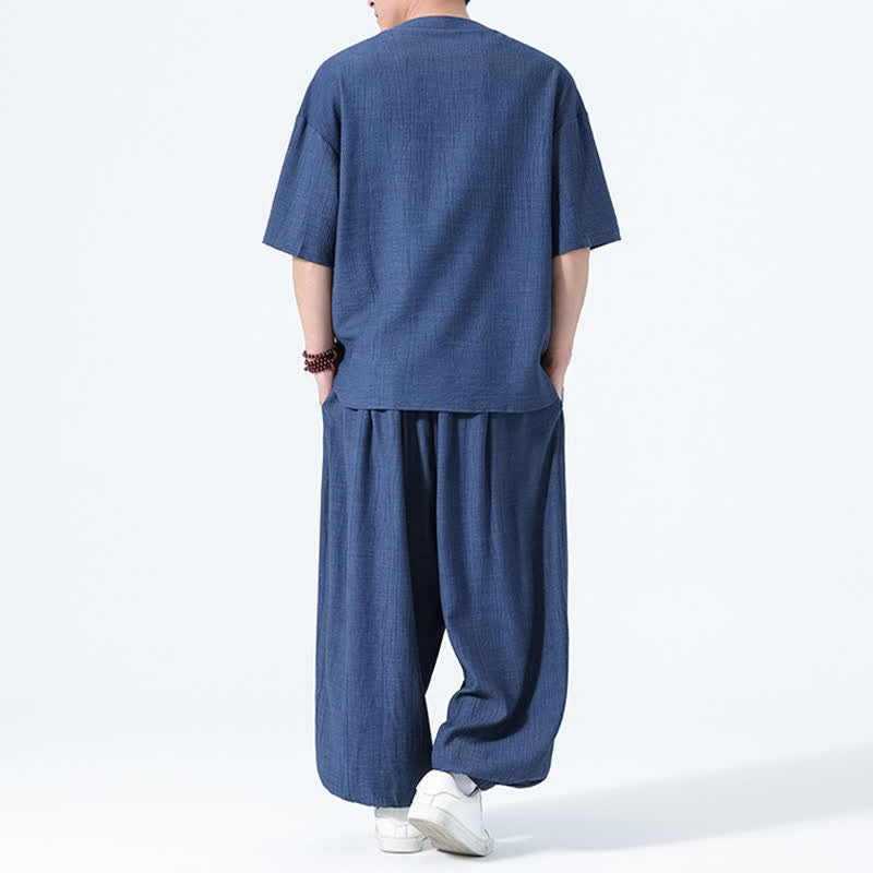 Buddha Stones 2Pcs Summer Tang Style Frog Button Solid Short Sleeve Shirt Harem Pants Men's Meditation Cloth With Pockets - image 16