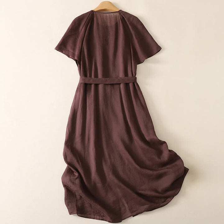 Buddha Stones Summer Vintage Button-Up Solid Women's Short Sleeve Midi Dress With Pockets - image 1