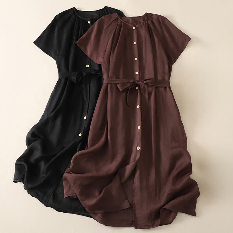 Buddha Stones Summer Vintage Button-Up Solid Women's Short Sleeve Midi Dress With Pockets - image 15