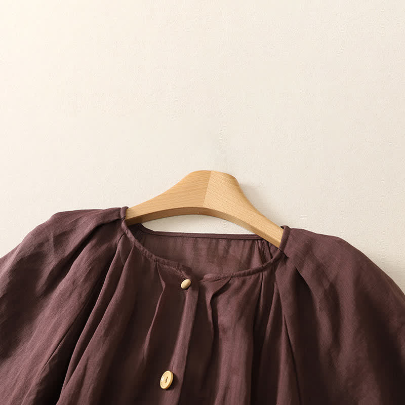 Buddha Stones Summer Vintage Button-Up Solid Women's Short Sleeve Midi Dress With Pockets - image 2