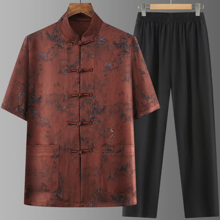 Buddha Stones 2Pcs Summer Tang Style Casual Ink Painting Mountains Landscape Short Sleeve Shirt Straight Leg Pants Men's Meditation Cloth With Pockets - Sienna - US/UK/AU42，EU52 (3XL) - image 13