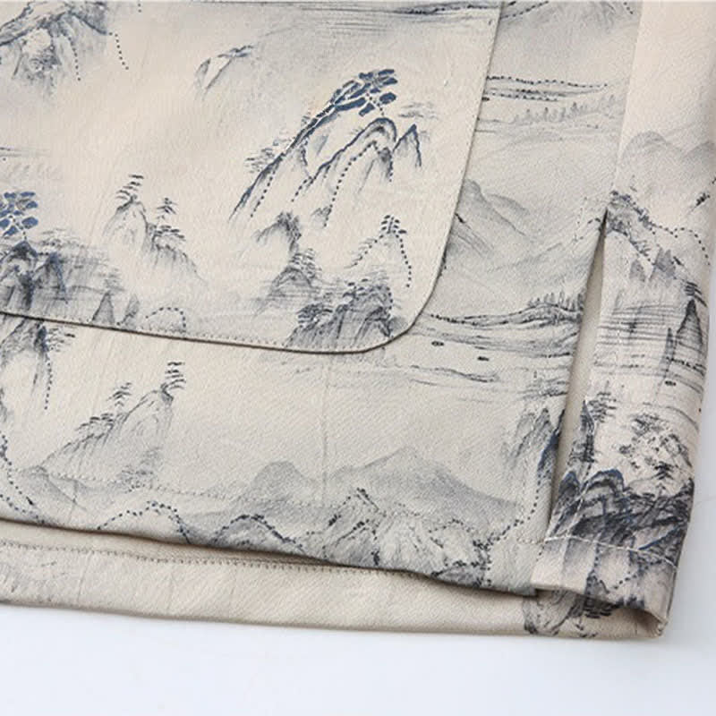 Buddha Stones 2Pcs Summer Tang Style Casual Ink Painting Mountains Landscape Short Sleeve Shirt Straight Leg Pants Men's Meditation Cloth With Pockets - image 5
