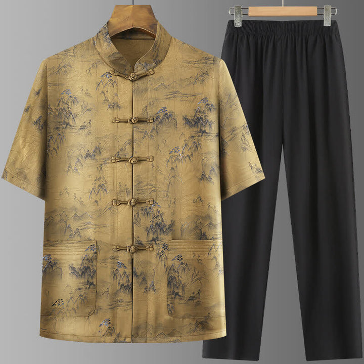 Buddha Stones 2Pcs Summer Tang Style Casual Ink Painting Mountains Landscape Short Sleeve Shirt Straight Leg Pants Men's Meditation Cloth With Pockets - Goldenrod - US/UK/AU42，EU52 (3XL) - image 12