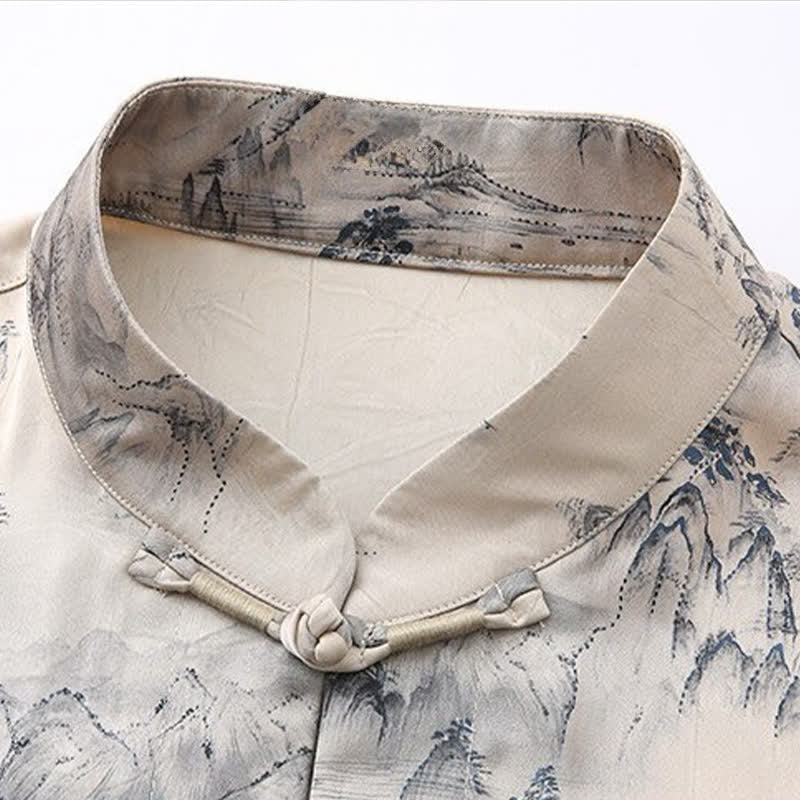 Buddha Stones 2Pcs Summer Tang Style Casual Ink Painting Mountains Landscape Short Sleeve Shirt Straight Leg Pants Men's Meditation Cloth With Pockets - image 3