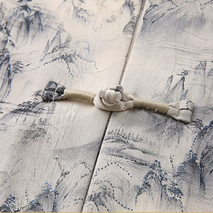 Buddha Stones 2Pcs Summer Tang Style Casual Ink Painting Mountains Landscape Short Sleeve Shirt Straight Leg Pants Men's Meditation Cloth With Pockets - image 4