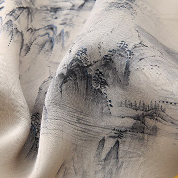 Buddha Stones 2Pcs Summer Tang Style Casual Ink Painting Mountains Landscape Short Sleeve Shirt Straight Leg Pants Men's Meditation Cloth With Pockets - image 7