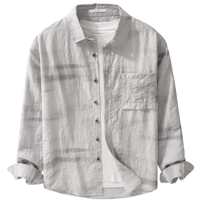 Buddha Stones Spring Summer Casual Minimalist Button-Up Solid Grey Ink Wash Men's Shirts With Patch Pocket - image 11