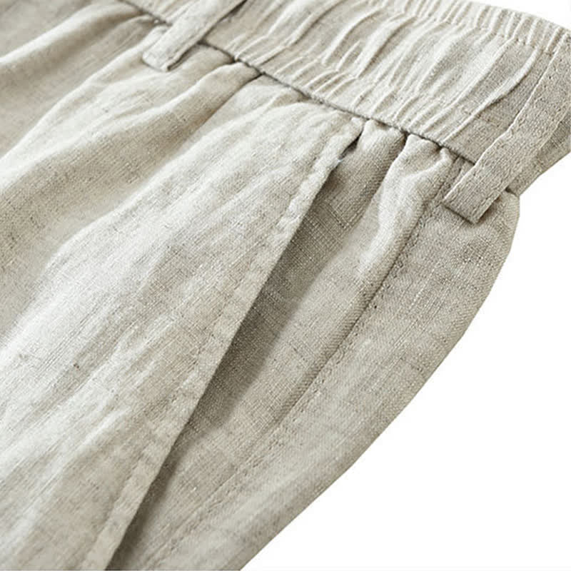 Buddha Stones Summer Casual Minimalist Drawstring Zipper Design Solid Linen Men's Shorts With Pockets - image 7