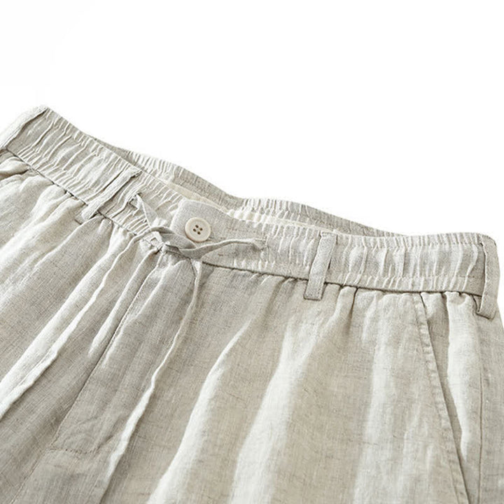 Buddha Stones Summer Casual Minimalist Drawstring Zipper Design Solid Linen Men's Shorts With Pockets - image 3