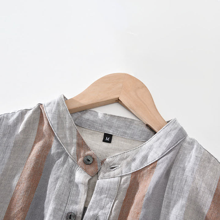 Buddha Stones Summer Vintage Mandarin Collar Button Up Striped Linen Men's Shirts With Patch Pocket - image 3