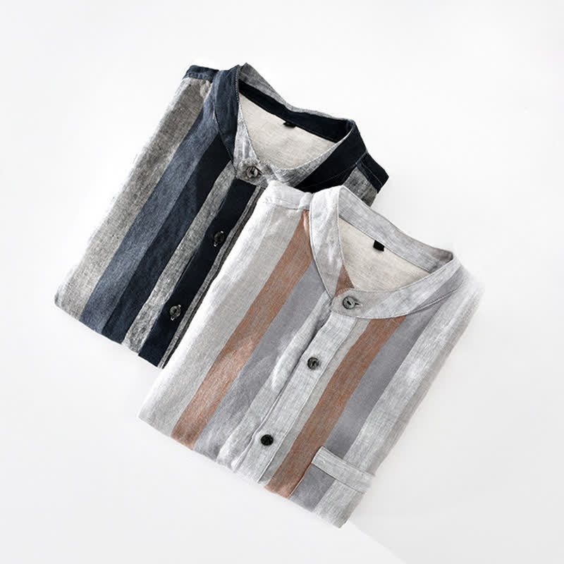 Buddha Stones Summer Vintage Mandarin Collar Button Up Striped Linen Men's Shirts With Patch Pocket - image 15