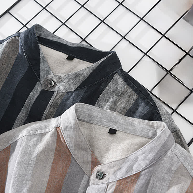 Buddha Stones Summer Vintage Mandarin Collar Button Up Striped Linen Men's Shirts With Patch Pocket - image 18