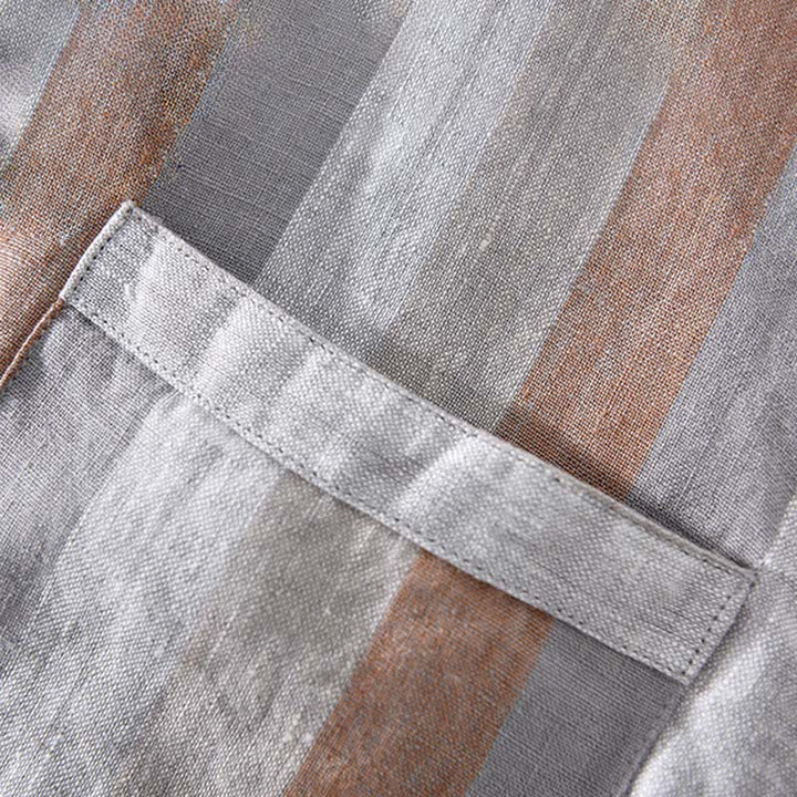 Buddha Stones Summer Vintage Mandarin Collar Button Up Striped Linen Men's Shirts With Patch Pocket - image 5