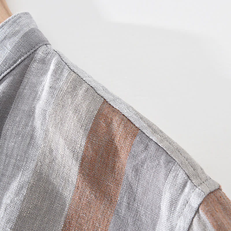 Buddha Stones Summer Vintage Mandarin Collar Button Up Striped Linen Men's Shirts With Patch Pocket - image 4