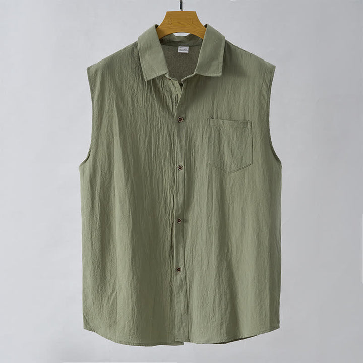 Buddha Stones Summer Casual Minimalist Button-Up Solid Men's Sleeveless Shirts - OliveDrab - US/UK/AU44，EU54 (3XL) - image 8