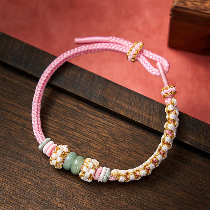 Buddha Stones Handmade Braided Chinese Knotting Peach Blossoms Jade Luck Adjustable Bracelet - Pink - 15-20cm - image 14