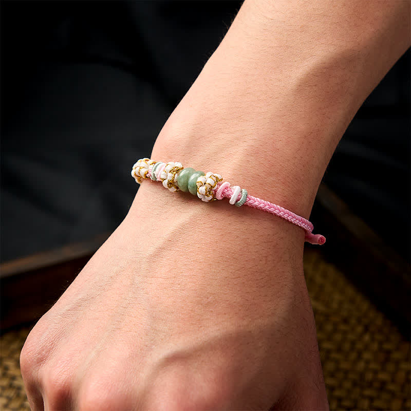 Buddha Stones Handmade Braided Chinese Knotting Peach Blossoms Jade Luck Adjustable Bracelet - image 19