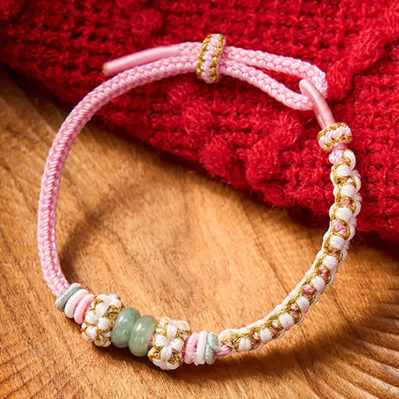 Buddha Stones Handmade Braided Chinese Knotting Peach Blossoms Jade Luck Adjustable Bracelet - image 17