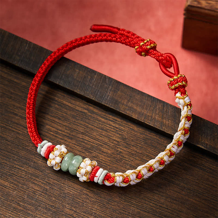 Buddha Stones Handmade Braided Chinese Knotting Peach Blossoms Jade Luck Adjustable Bracelet - Red - 15-20cm - image 0