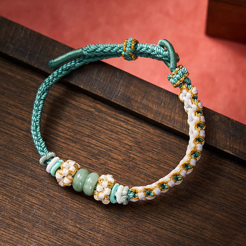 Buddha Stones Handmade Braided Chinese Knotting Peach Blossoms Jade Luck Adjustable Bracelet - Green - 15-20cm - image 32