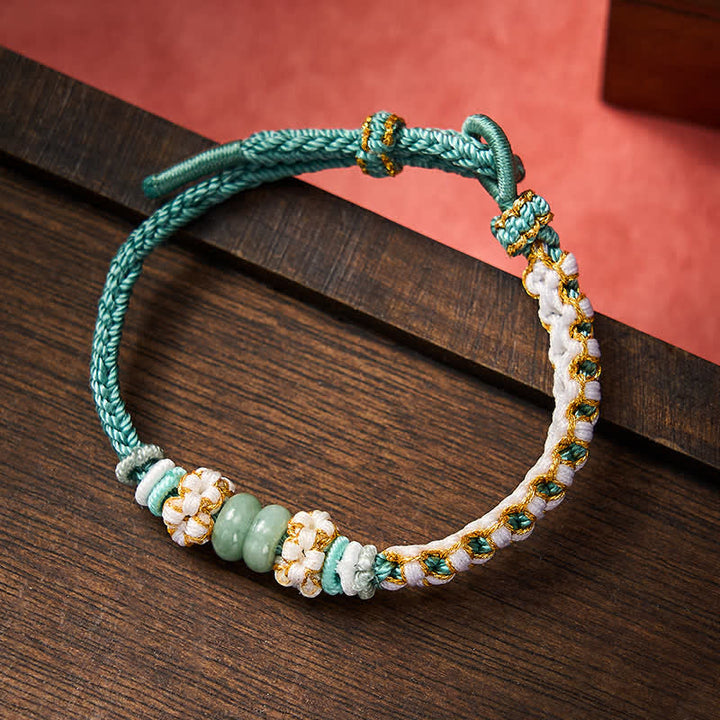 Buddha Stones Handmade Braided Chinese Knotting Peach Blossoms Jade Luck Adjustable Bracelet - Green - 15-20cm - image 32
