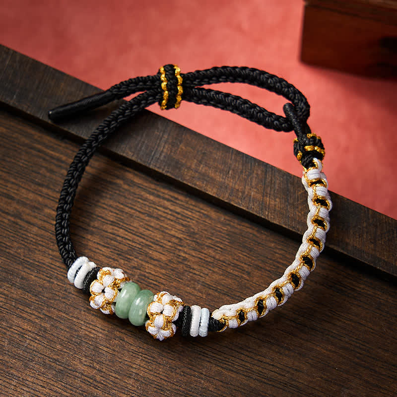 Buddha Stones Handmade Braided Chinese Knotting Peach Blossoms Jade Luck Adjustable Bracelet - Black - 15-20cm - image 8