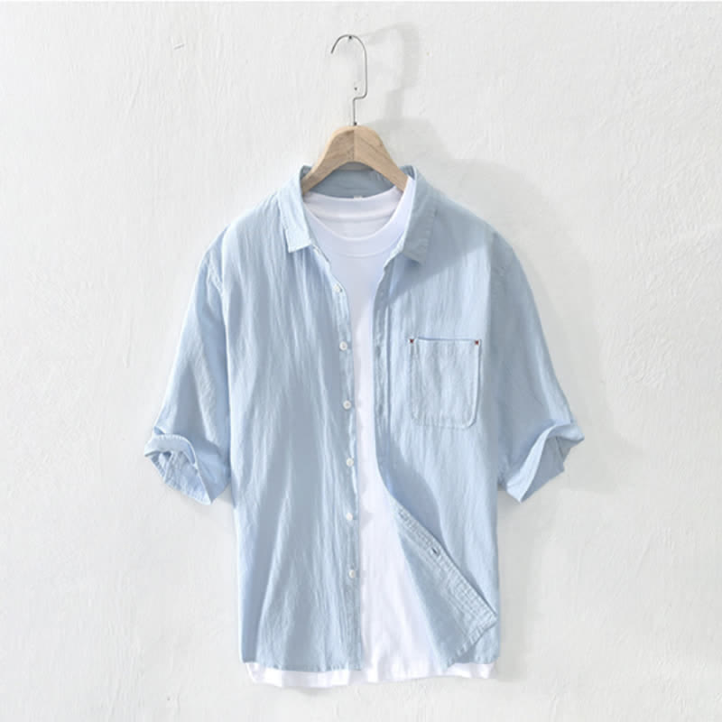 Buddha Stones Summer Casual Minimalist Button-Up Solid Cotton Linen Men's Short Sleeve Shirts With Pocket - PowderBlue - US/UK/AU42，EU52 (3XL) - image 10