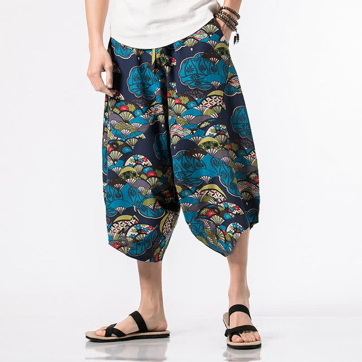 Buddha Stones Summer Boho Casual Drawstring Floral Cotton Linen Capri Pants Men's Harem Pants With Pocket - Blue - US/UK/AU48，EU58(5XL) - image 0