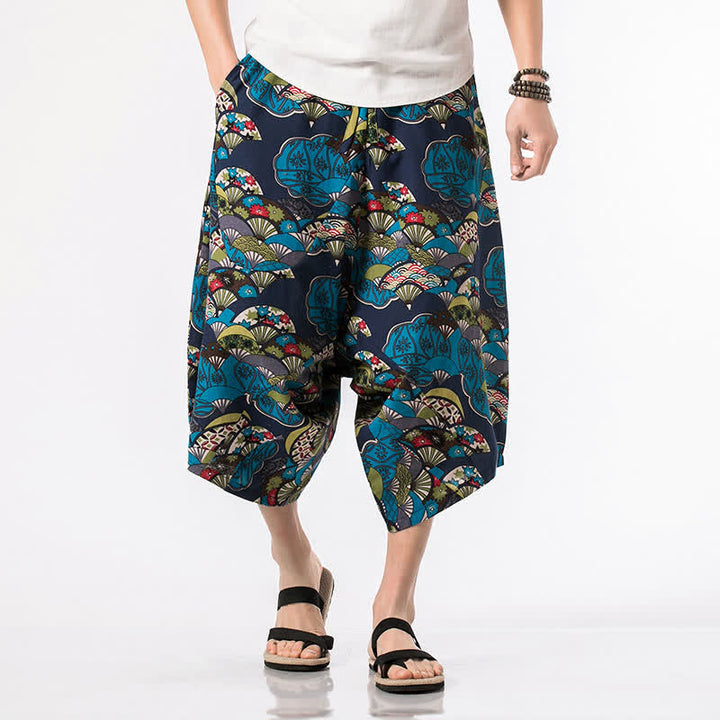 Buddha Stones Summer Boho Casual Drawstring Floral Cotton Linen Capri Pants Men's Harem Pants With Pocket - image 1