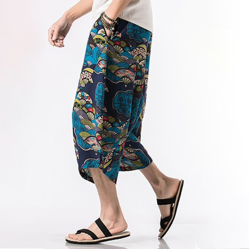 Buddha Stones Summer Boho Casual Drawstring Floral Cotton Linen Capri Pants Men's Harem Pants With Pocket - image 5