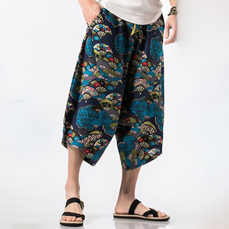 Buddha Stones Summer Boho Casual Drawstring Floral Cotton Linen Capri Pants Men's Harem Pants With Pocket - image 2